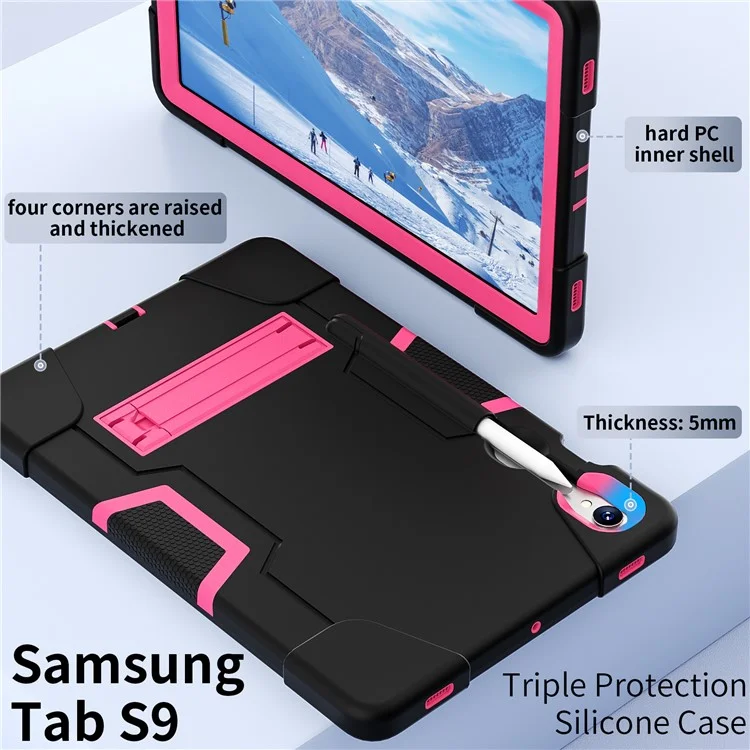 Funda para Tablet de Silicona + PC para Samsung Galaxy Tab S9 SM-X710 / S9 FE SM-X510, Estilo Robot de Doble Color con Soporte - Negro / Rojo Rosa