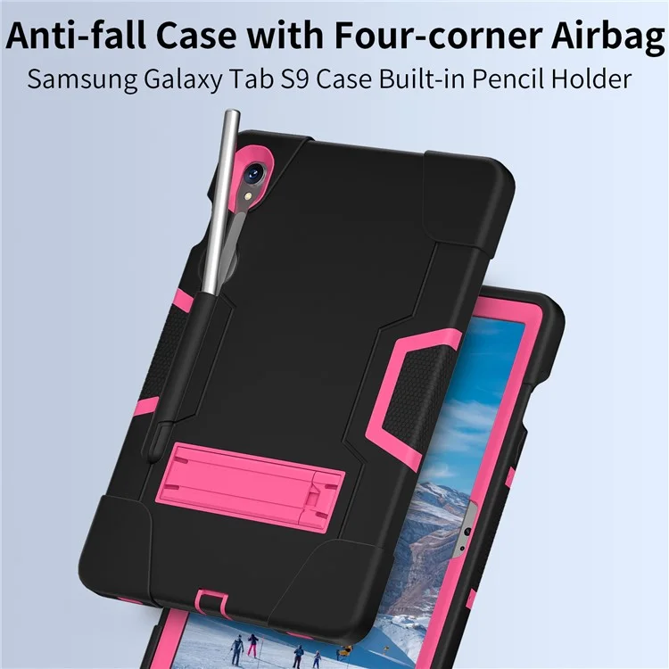 Funda para Tablet de Silicona + PC para Samsung Galaxy Tab S9 SM-X710 / S9 FE SM-X510, Estilo Robot de Doble Color con Soporte - Negro / Rojo Rosa