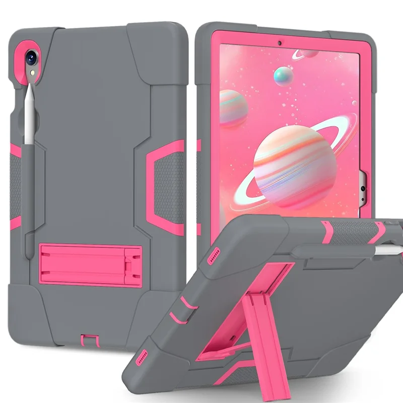 Étui pour tablette en silicone + PC pour Samsung Galaxy Tab S9 SM-X710 / S9 FE SM-X510 Style Robot Dual Color Kickstand Cover - Gris / Rose Rouge