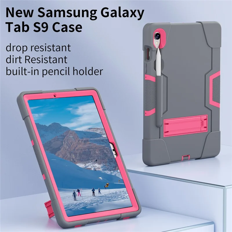 Étui pour tablette en silicone + PC pour Samsung Galaxy Tab S9 SM-X710 / S9 FE SM-X510 Style Robot Dual Color Kickstand Cover - Gris / Rose Rouge