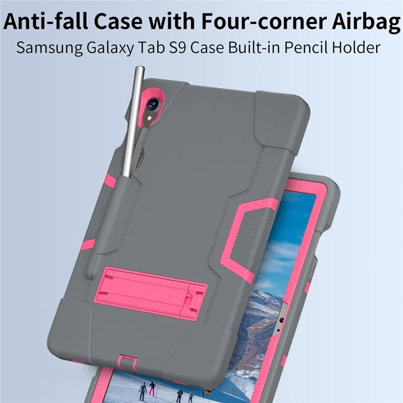 Étui pour tablette en silicone + PC pour Samsung Galaxy Tab S9 SM-X710 / S9 FE SM-X510 Style Robot Dual Color Kickstand Cover - Gris / Rose Rouge