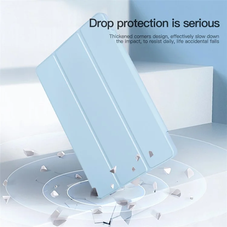 For Samsung Galaxy Tab S9 Protective Tablet Case Tri-Fold Stand PC+TPU+PU Clear Back Flip Cover - Baby Blue