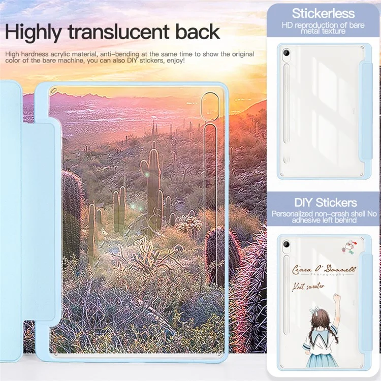 Für Samsung Galaxy Tab S9 Schutzhülle Tablet-Hülle Tri-Fold-Ständer PC+TPU+PU Klare Rückseite Flip-Cover - Baby Blau