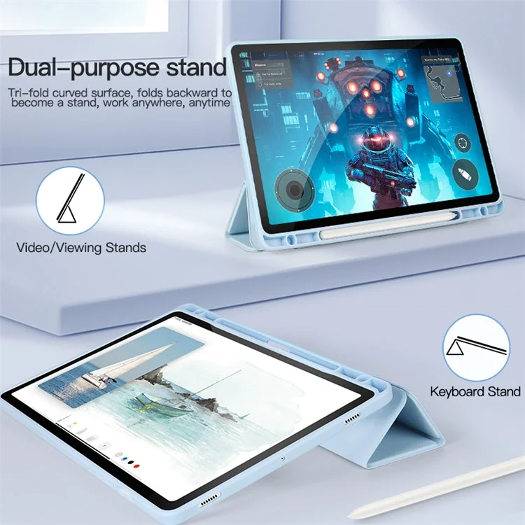 For Samsung Galaxy Tab S9 Protective Tablet Case Tri-Fold Stand PC+TPU+PU Clear Back Flip Cover - Baby Blue