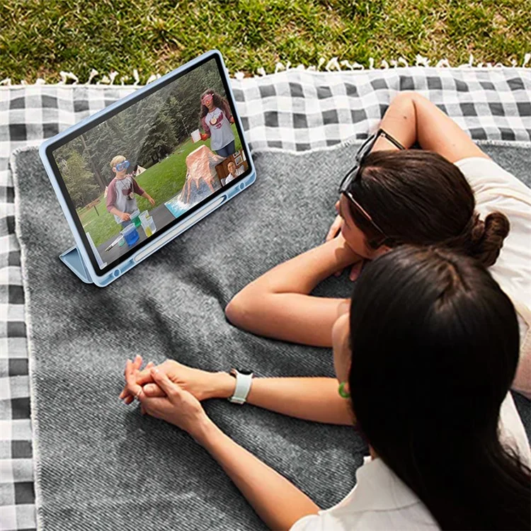 Für Samsung Galaxy Tab S9 Schutzhülle Tablet-Hülle Tri-Fold-Ständer PC+TPU+PU Klare Rückseite Flip-Cover - Baby Blau