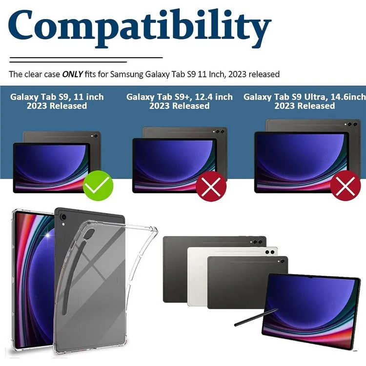 Para Samsung Galaxy Tab S9 TPU Tablet Case Clear Tablet Cover con protector de pantalla de vidrio templado 2.5D