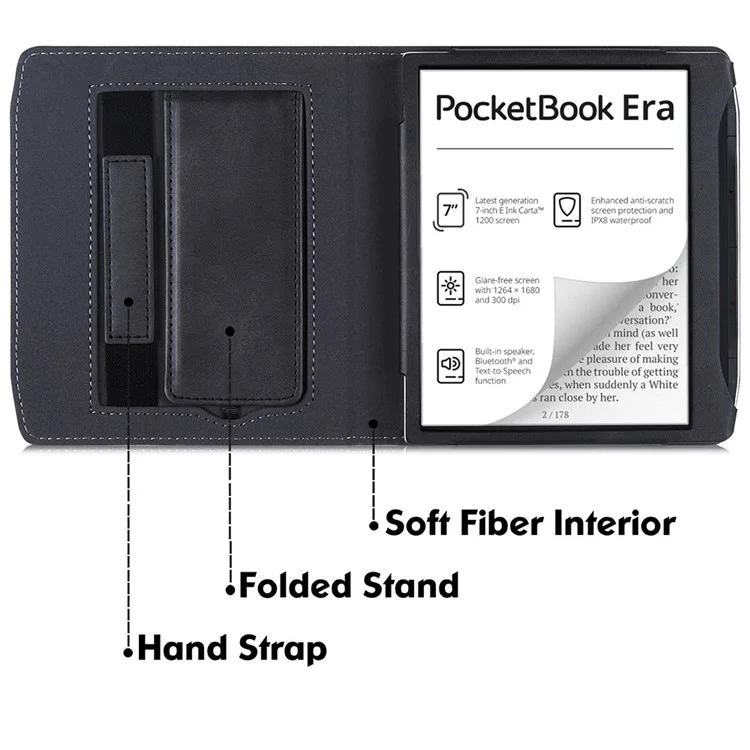 E-Reader-Hülle für PocketBook Era (2022) PB700, PU-Lederklapphülle mit Handschlaufe / Automatische Weck- und Schlaffunktion - Schwarz