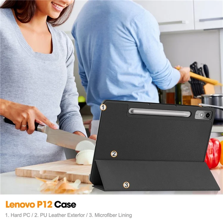 Capa de Couro PU para Lenovo Tab P12 - Suporte Tri-Dobra, Proteção Completa para Tablet - Preto