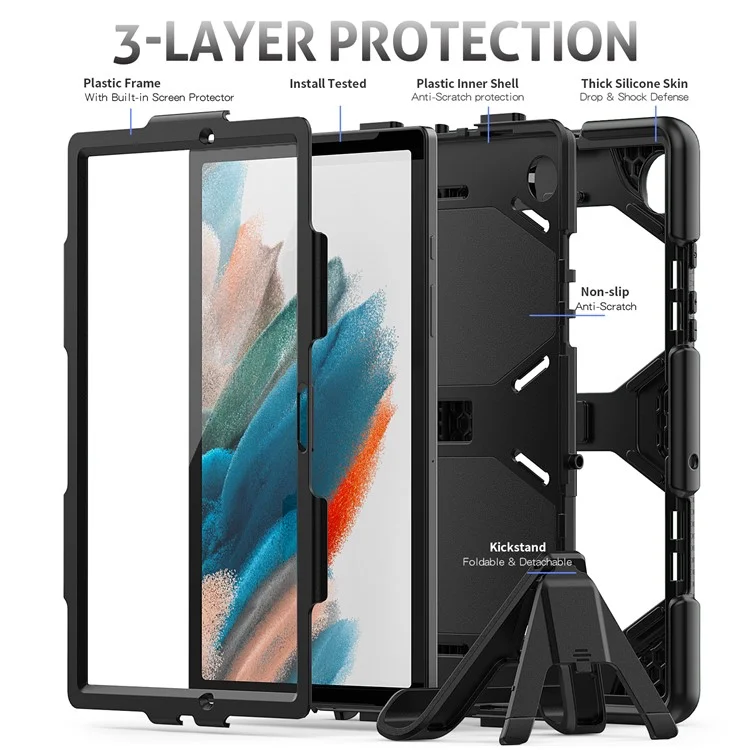 Kickstand Cover for Samsung Galaxy Tab A8 10.5 (2021) / (2022) , PC + Silicone Tablet Case with PET Screen Protector - Black