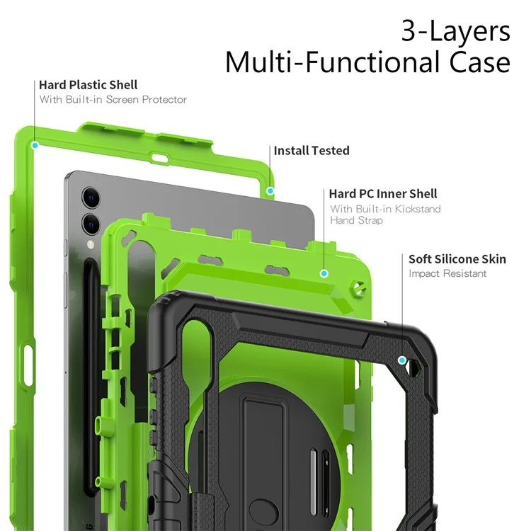 For Samsung Galaxy Tab S10+ / S9+ (SM-X810 / X816B / X818U) PC+Silicone Tablet Case Kickstand Protective Cover with PET Screen Film - Black / Yellowgreen