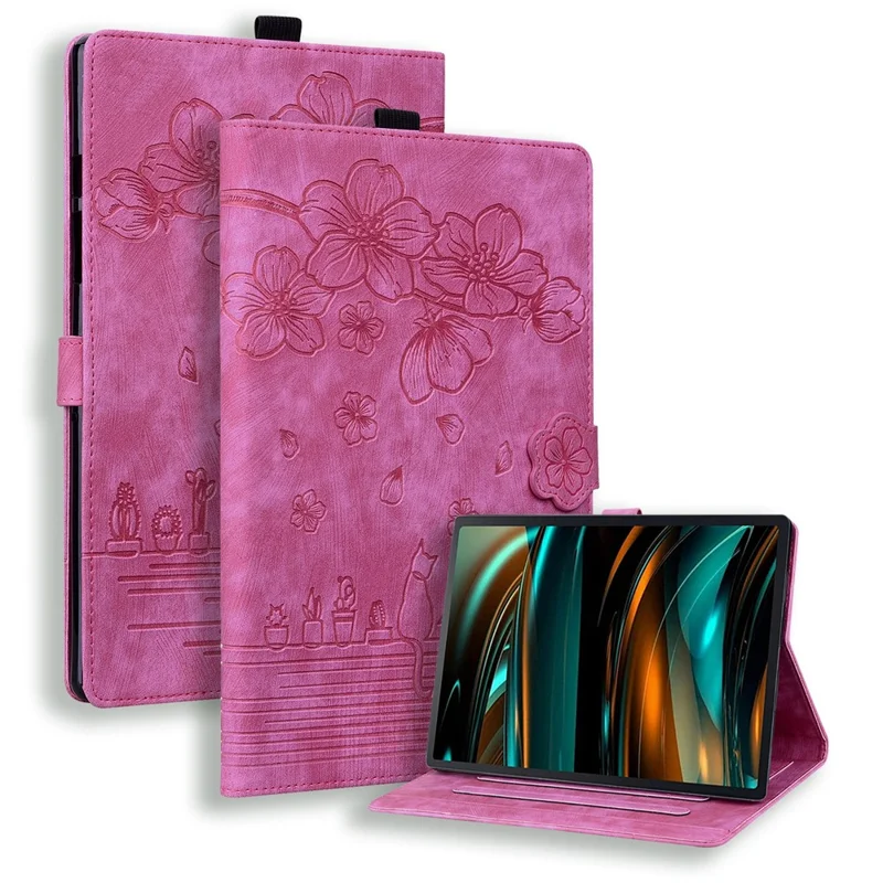 For Samsung Galaxy Tab A9+ Shockproof PU Leather Cover Flower Cat Imprinted Tablet Case - Rose