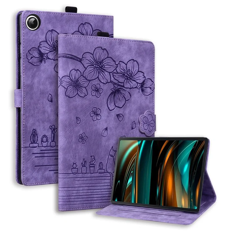 Pour Samsung Galaxy Tab A9+ Étui en cuir PU antichoc Fleur de cerisier et motif chat Étui tablette - Violet