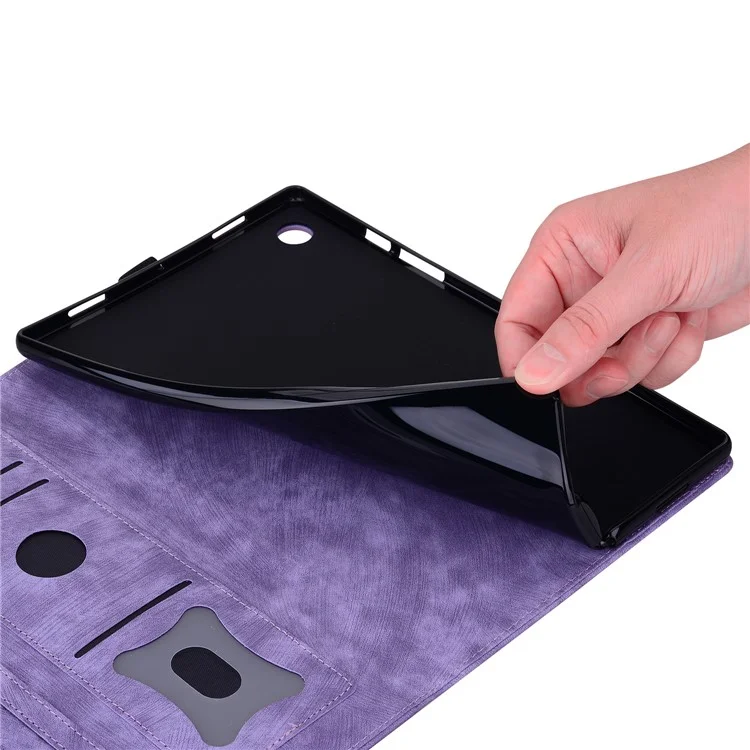Pour Samsung Galaxy Tab A9+ Étui en cuir PU antichoc Fleur de cerisier et motif chat Étui tablette - Violet