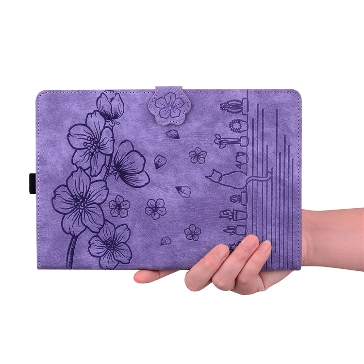 Pour Samsung Galaxy Tab A9+ Étui en cuir PU antichoc Fleur de cerisier et motif chat Étui tablette - Violet