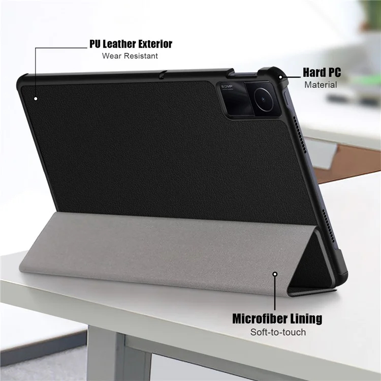 Pour Xiaomi Redmi Pad SE Étui en cuir PU Trifold Stand Étui de protection complète pour tablette - Noir