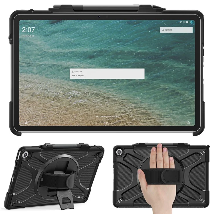 Para Amazon Fire Max 11 Kickstand Tablet Case PC + TPU Funda protectora a prueba de golpes con correa para la mano - Negro