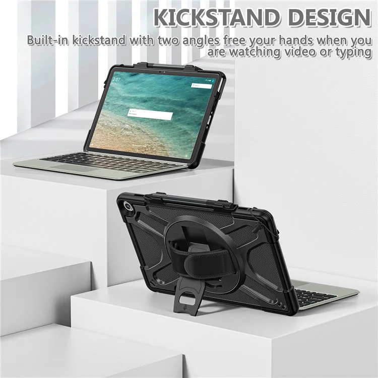 Para Amazon Fire Max 11 Kickstand Tablet Case PC + TPU Funda protectora a prueba de golpes con correa para la mano - Negro