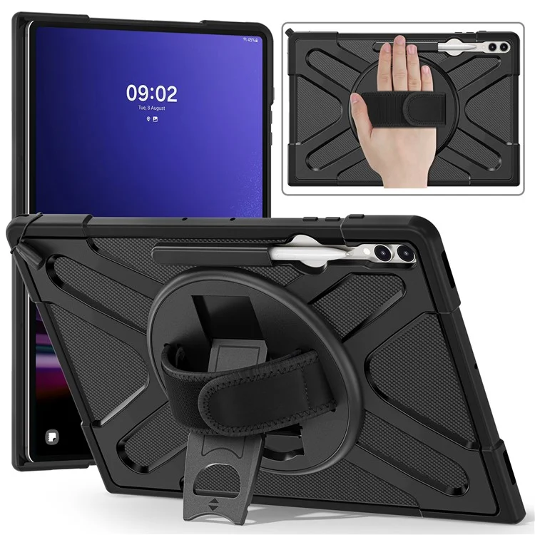 Корпус Таблетки Kickstand Для Samsung Galaxy Tab S8 Ultra X900 X906 / Tab S9 Ultra X910, Прочный Ударный PC + Cover TPU с Ручным Ремешком - Черный