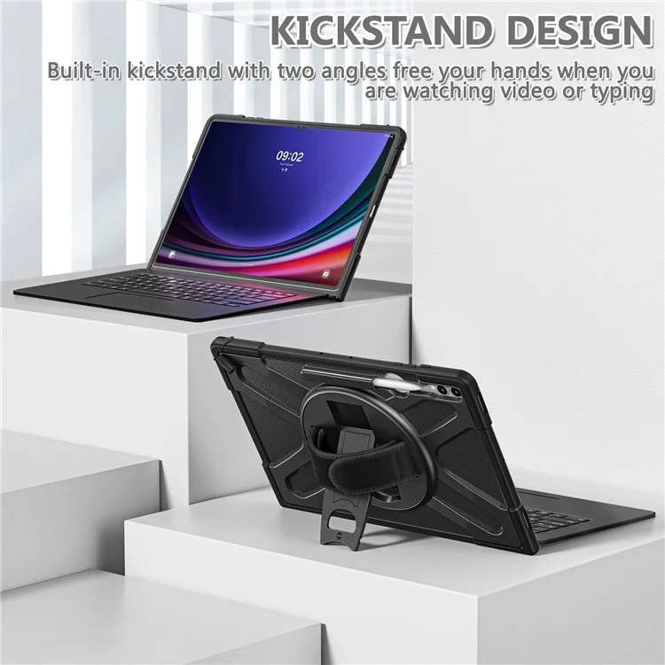 Étui à Tablette de Kickstand Pour Samsung Galaxy Tab S8 Ultra X900 X906 / Tab S9 Ultra X910, Couvercle Robuste PC + TPU Avec Sangle à Main - Noir