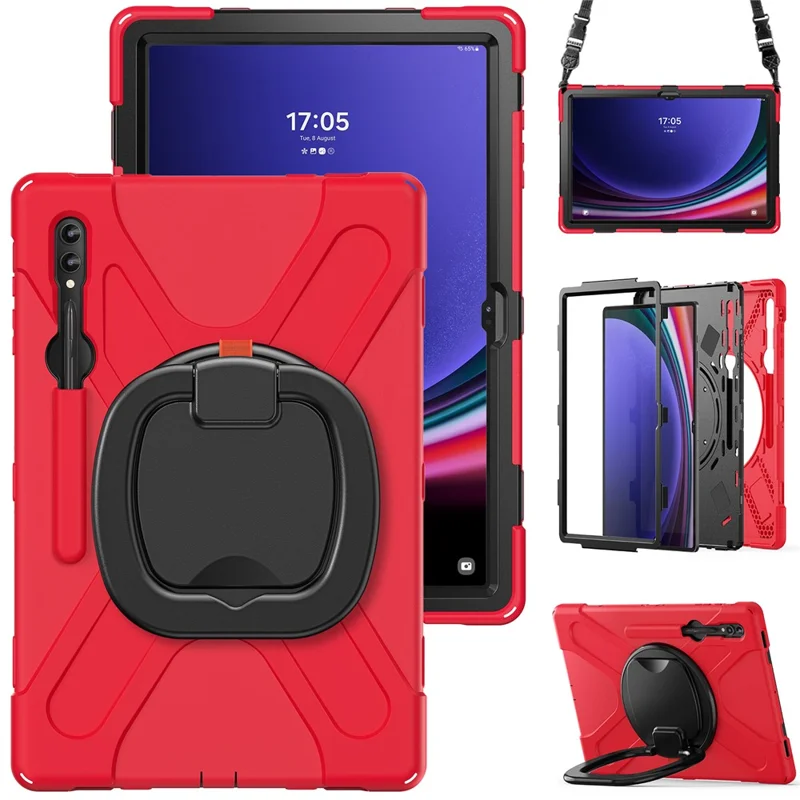 Pour Samsung Galaxy Tab S10 Ultra X920 / S9 Ultra X910 / S8 Ultra X900 / X906 PC+Silicone Tablet Case Rotating Kickstand Cover with Shoulder Strap - Red / Noir