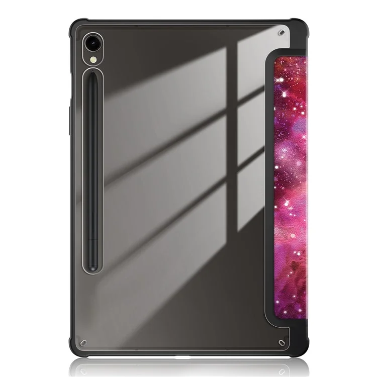 Для Samsung Galaxy Tab S9 (SM-X710 / SM-X716B / SM-X718U) Tri-fold Stand Tablet Case Pattern Printing PU+TPU+Acrylic Protective Cover with Pen Slot - Galaxy