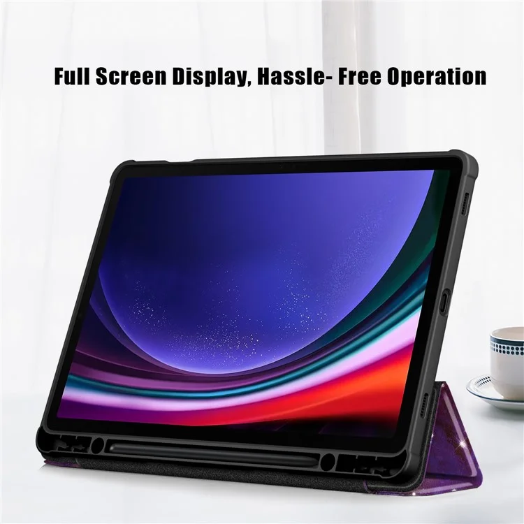 Для Samsung Galaxy Tab S9 (SM-X710 / SM-X716B / SM-X718U) Tri-fold Stand Tablet Case Pattern Printing PU+TPU+Acrylic Protective Cover with Pen Slot - Galaxy