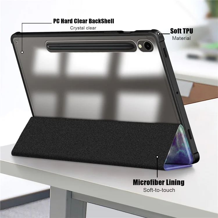 Для Samsung Galaxy Tab S9 (SM-X710 / SM-X716B / SM-X718U) Tri-fold Stand Tablet Case Pattern Printing PU+TPU+Acrylic Protective Cover with Pen Slot - Galaxy