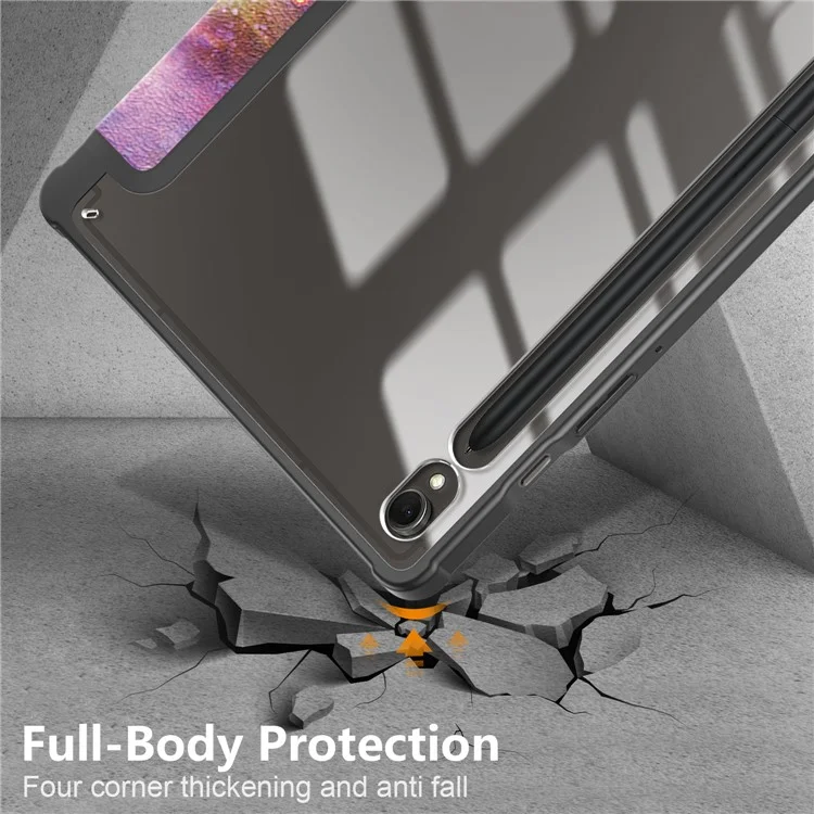 Для Samsung Galaxy Tab S9 (SM-X710 / SM-X716B / SM-X718U) Tri-fold Stand Tablet Case Pattern Printing PU+TPU+Acrylic Protective Cover with Pen Slot - Galaxy