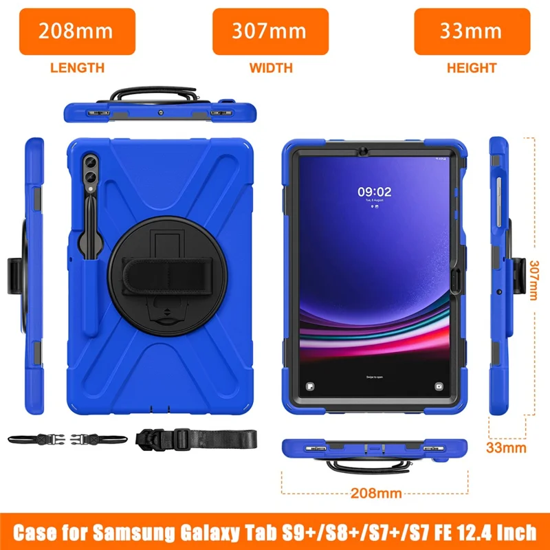 For Samsung Galaxy Tab S10+ X826 / S9 FE+ / S9+ / S8+ / S7+ Wrist Strap Tablet Case Anti-Scratch PC+Silicone Kickstand Cover - Blue