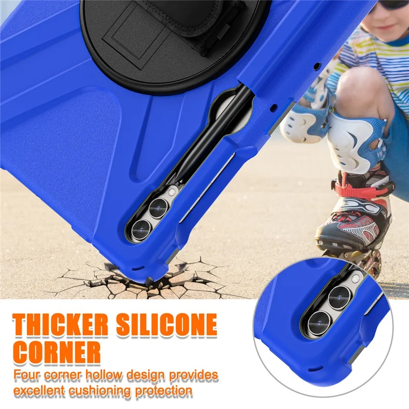 For Samsung Galaxy Tab S10+ X826 / S9 FE+ / S9+ / S8+ / S7+ Wrist Strap Tablet Case Anti-Scratch PC+Silicone Kickstand Cover - Blue
