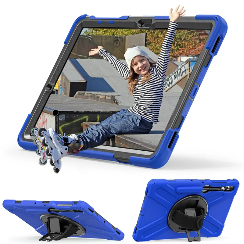 For Samsung Galaxy Tab S10+ X826 / S9 FE+ / S9+ / S8+ / S7+ Wrist Strap Tablet Case Anti-Scratch PC+Silicone Kickstand Cover - Blue