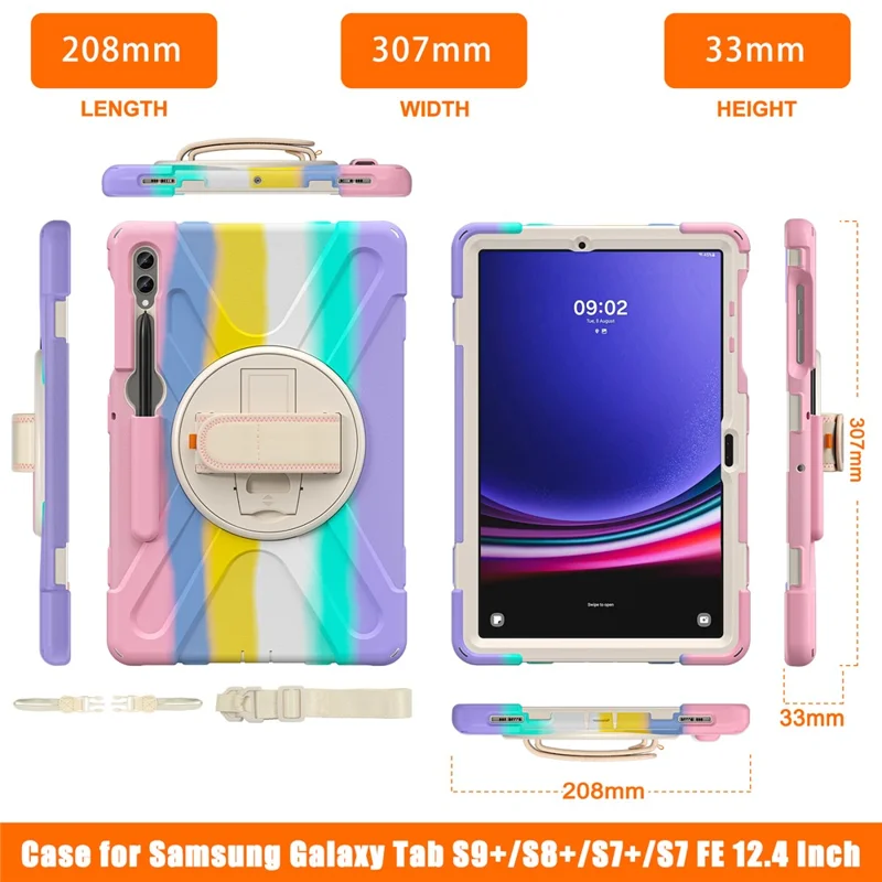 Para Samsung Galaxy Tab S10+ X826 / S9 FE+ / S9+ / S8+ / S7+ Funda con Correa de Muñeca Antiarañazos Carcasa con Soporte de PC+Silicona - Rosa Colorido