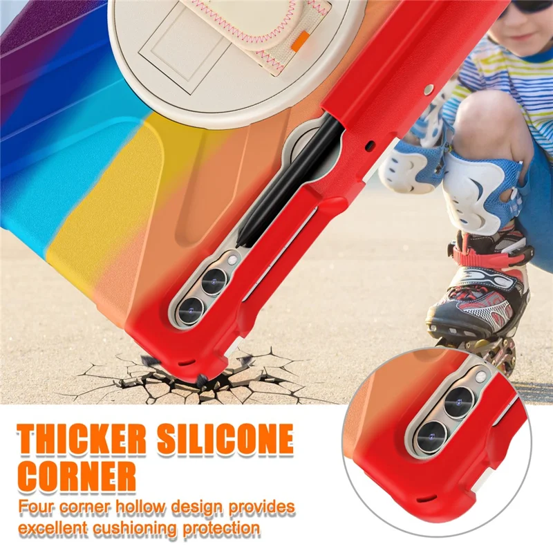 For Samsung Galaxy Tab S10+ X826 / S9 FE+ / S9+ / S8+ / S7+ Wrist Strap Tablet Case Anti-Scratch PC+Silicone Kickstand Cover - Colorful Red