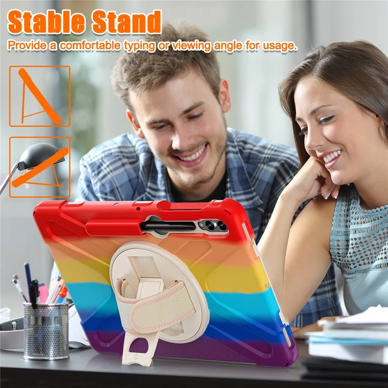 For Samsung Galaxy Tab S10+ X826 / S9 FE+ / S9+ / S8+ / S7+ Wrist Strap Tablet Case Anti-Scratch PC+Silicone Kickstand Cover - Colorful Red