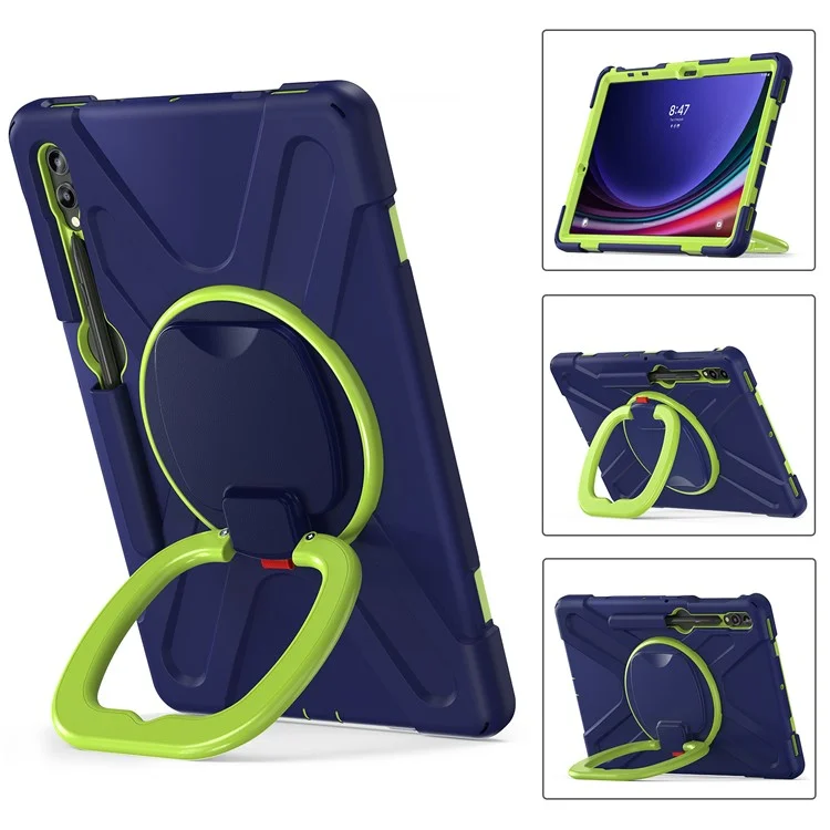 Para Samsung Galaxy Tab S10+ X826 / S9 FE+ / S9+ / S8+ / S7+ PC+Silicone Protective Case Rotating Kickstand Rugged Tablet Cover with Handle Design - Navy Blue Yellowgreen