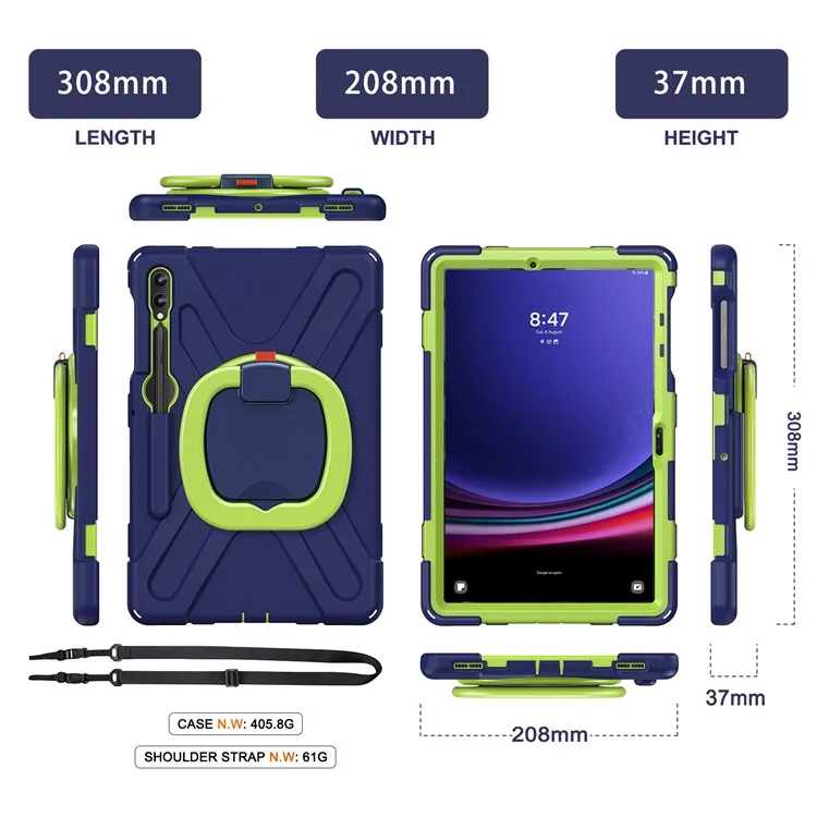 For Samsung Galaxy Tab S9 FE+ / S9+ / S8+ / S7+ PC+Silicone Protective Case Rotating Kickstand Rugged Tablet Cover with Handle Design - Navy Blue Yellowgreen