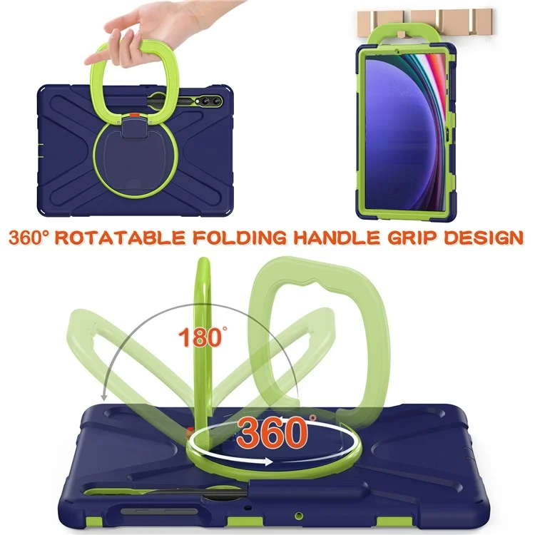 Para Samsung Galaxy Tab S10+ X826 / S9 FE+ / S9+ / S8+ / S7+ PC+Silicone Protective Case Rotating Kickstand Rugged Tablet Cover with Handle Design - Navy Blue Yellowgreen