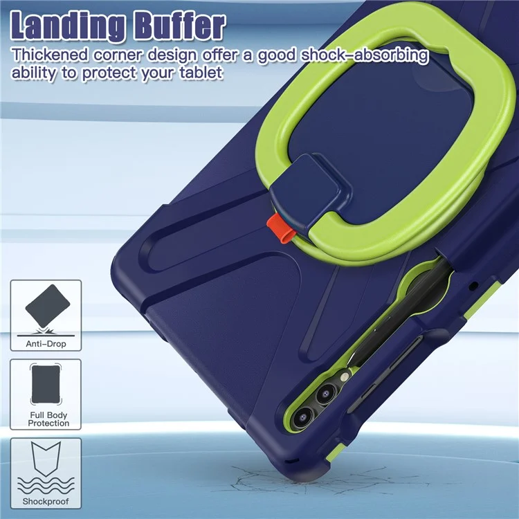 Para Samsung Galaxy Tab S10+ X826 / S9 FE+ / S9+ / S8+ / S7+ PC+Silicone Protective Case Rotating Kickstand Rugged Tablet Cover with Handle Design - Navy Blue Yellowgreen