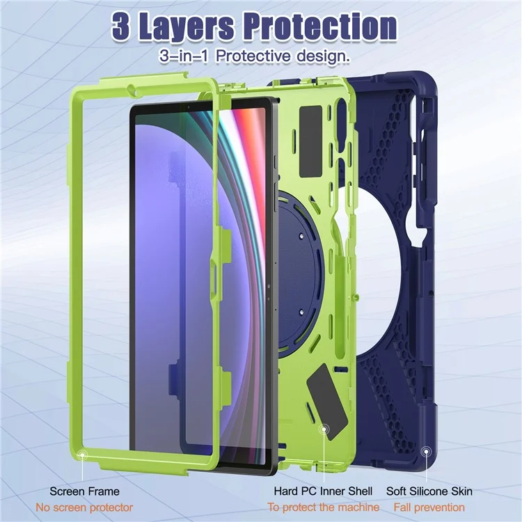 For Samsung Galaxy Tab S9 FE+ / S9+ / S8+ / S7+ PC+Silicone Protective Case Rotating Kickstand Rugged Tablet Cover with Handle Design - Navy Blue Yellowgreen