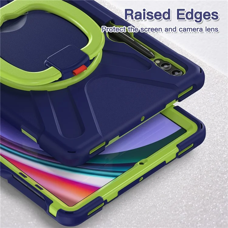 Para Samsung Galaxy Tab S10+ X826 / S9 FE+ / S9+ / S8+ / S7+ PC+Silicone Protective Case Rotating Kickstand Rugged Tablet Cover with Handle Design - Navy Blue Yellowgreen