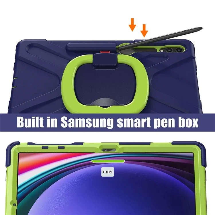 For Samsung Galaxy Tab S9 FE+ / S9+ / S8+ / S7+ PC+Silicone Protective Case Rotating Kickstand Rugged Tablet Cover with Handle Design - Navy Blue Yellowgreen