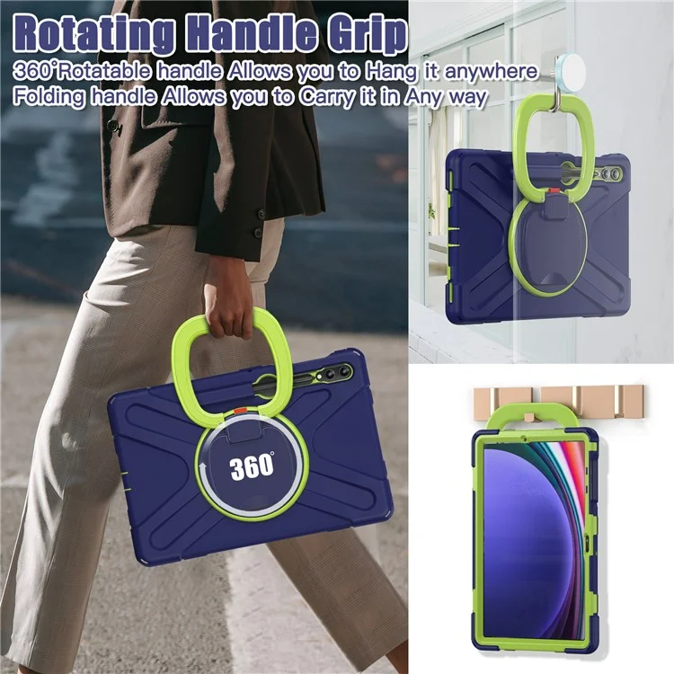 Para Samsung Galaxy Tab S10+ X826 / S9 FE+ / S9+ / S8+ / S7+ PC+Silicone Protective Case Rotating Kickstand Rugged Tablet Cover with Handle Design - Navy Blue Yellowgreen