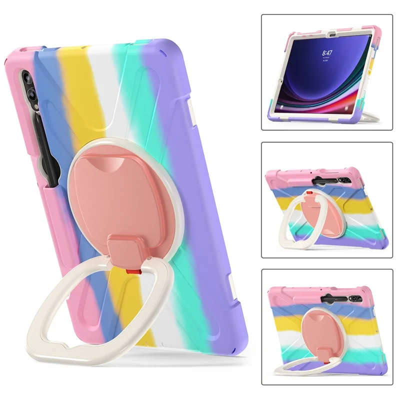 For Samsung Galaxy Tab S10+ X826 / S9 FE+ / S9+ / S8+ / S7+ PC+Silicone Protective Case Rotating Kickstand Rugged Tablet Cover with Handle Design - Colorful Pink