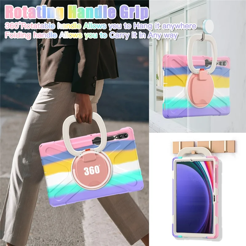 For Samsung Galaxy Tab S10+ X826 / S9 FE+ / S9+ / S8+ / S7+ PC+Silicone Protective Case Rotating Kickstand Rugged Tablet Cover with Handle Design - Colorful Pink