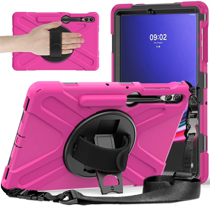 For Samsung Galaxy Tab S10 FE / S10+ X826 / S9 FE+ / S9+ / S8+ / S7 FE / S7+ PC+Silicone Tablet Case Kickstand with Shoulder Strap - Rose / Black