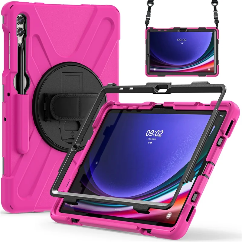 For Samsung Galaxy Tab S10 FE / S10+ X826 / S9 FE+ / S9+ / S8+ / S7 FE / S7+ PC+Silicone Tablet Case Kickstand with Shoulder Strap - Rose / Black