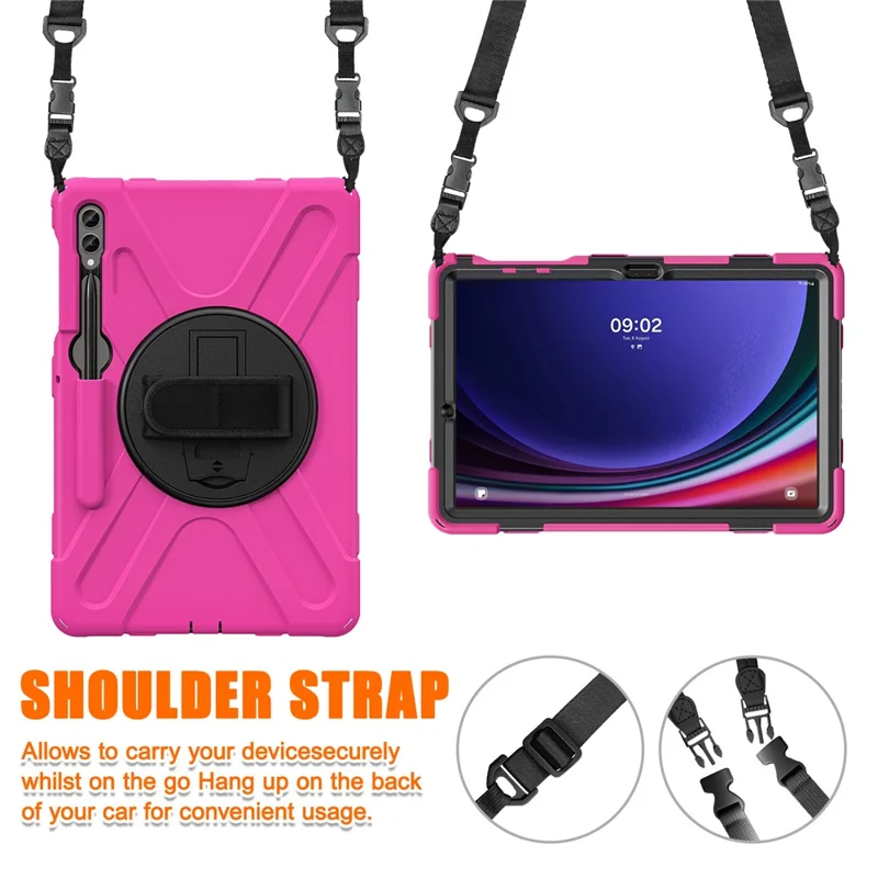 For Samsung Galaxy Tab S10 FE / S10+ X826 / S9 FE+ / S9+ / S8+ / S7 FE / S7+ PC+Silicone Tablet Case Kickstand with Shoulder Strap - Rose / Black
