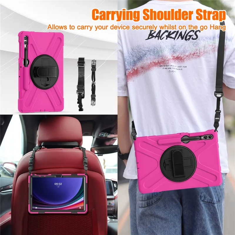 For Samsung Galaxy Tab S10 FE / S10+ X826 / S9 FE+ / S9+ / S8+ / S7 FE / S7+ PC+Silicone Tablet Case Kickstand with Shoulder Strap - Rose / Black