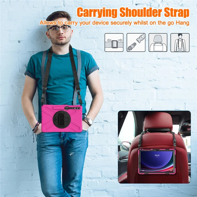 For Samsung Galaxy Tab S10 FE / S10+ X826 / S9 FE+ / S9+ / S8+ / S7 FE / S7+ PC+Silicone Tablet Case Kickstand with Shoulder Strap - Rose / Black