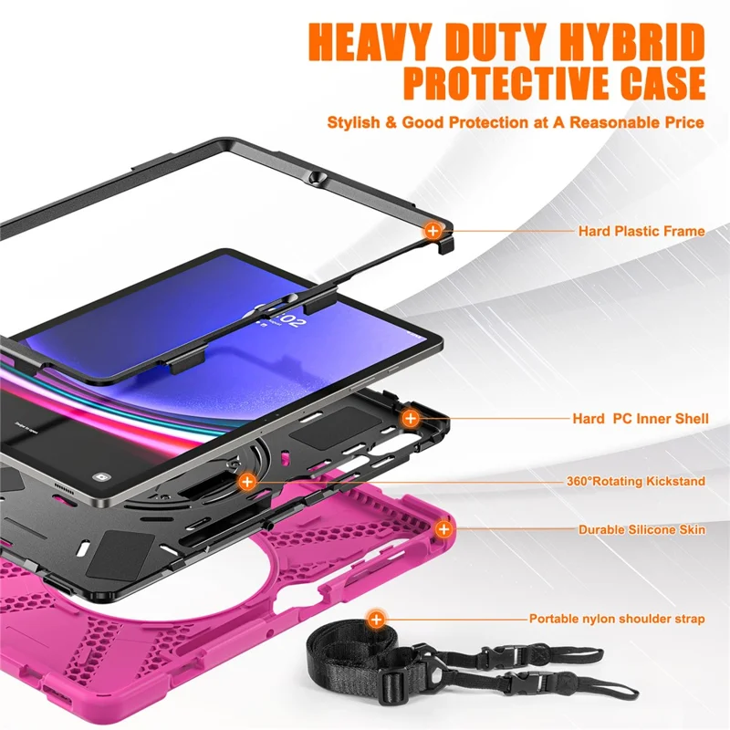 For Samsung Galaxy Tab S10 FE / S10+ X826 / S9 FE+ / S9+ / S8+ / S7 FE / S7+ PC+Silicone Tablet Case Kickstand with Shoulder Strap - Rose / Black